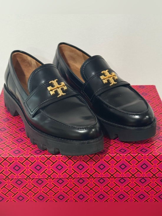 Tory Burch Shoes - Tory Burch Mini Everly Chunky Lug Sole Leather Loafers Black Gold Logo 8.5 $398